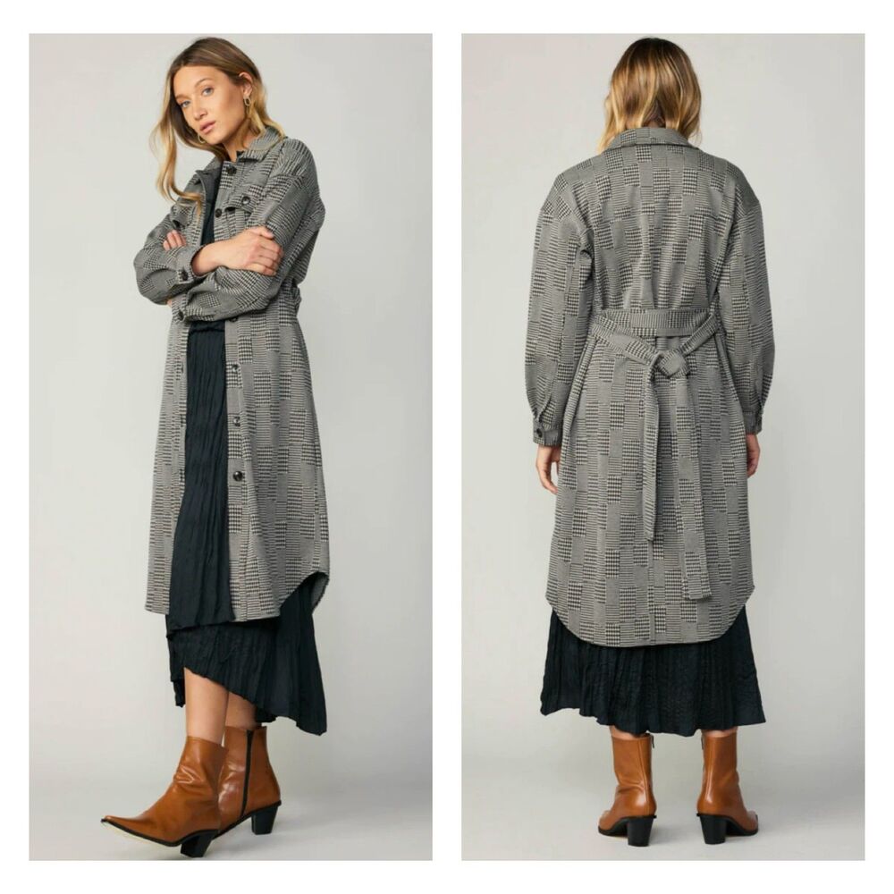 CURRENT AIR Houndstooth Long Button Front Shacket Coat Tie Waist, Sz L